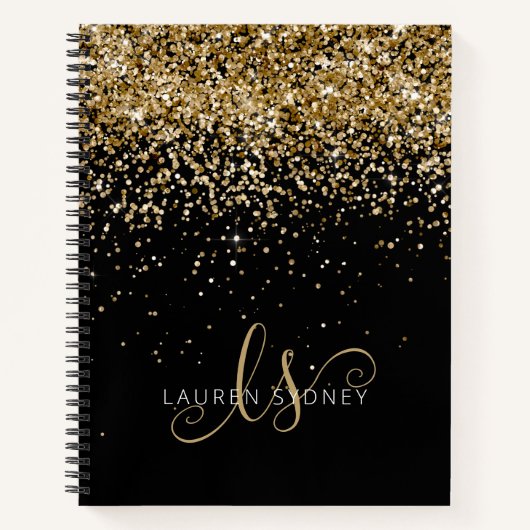 Gold Glitter Glam Monogram Naam Notitieboek (Voorkant)