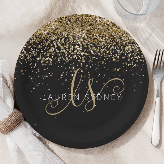 Gold Glitter Glam Monogram Naam Papieren Bordje