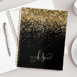 Gold Glitter Glam Monogram Naam Planner<br><div class="desc">Glam Gold Glitter Elegant Monogram Planner personaliseert dit trendy chic-ontwerp met elegante gouden mousserende glitter op een zwarte achtergrond. Het ontwerp kenmerkt uw handgeschreven manuscriptmonogram met  draden en naam.</div>