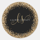 Gold Glitter Glam Monogram Naam Ronde Sticker (Voorkant)