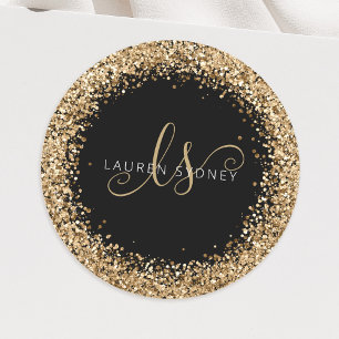 Gold Glitter Glam Monogram Naam Ronde Sticker