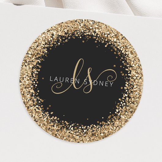 Gold Glitter Glam Monogram Naam Ronde Sticker