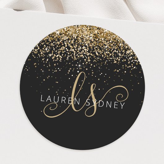 Gold Glitter Glam Monogram Naam Ronde Sticker