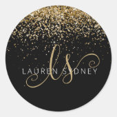 Gold Glitter Glam Monogram Naam Ronde Sticker (Voorkant)