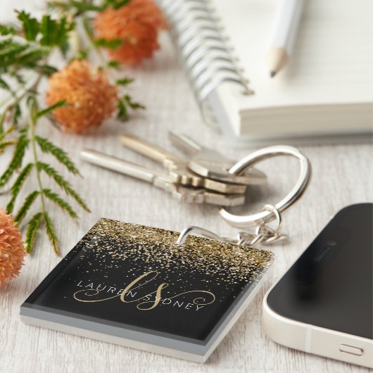 Gold Glitter Glam Monogram Naam Sleutelhanger (Voorkant Rechts)