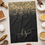 Gold Glitter Glam Monogram Naam Theedoek<br><div class="desc">Glam Gold Glitter Elegant Monogram Kitchen Towels. Pas dit trendy keukenhanddoeken met elegante gouden mousserende glitter op een zwarte achtergrond eenvoudig aan. Het ontwerp kenmerkt uw handgeschreven manuscriptmonogram met  cirkels en jouw naam.</div>