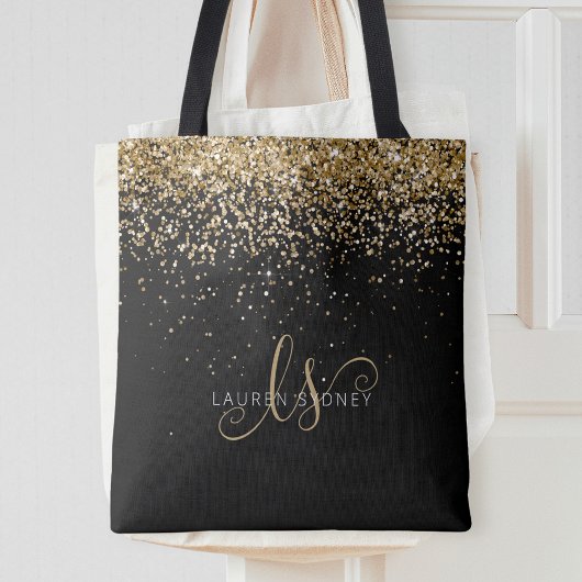 Gold Glitter Glam Monogram Naam Tote Bag