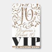 Gold Glitter Glam Sweet 16 Birthday Party VIP Pass Badge (Back)