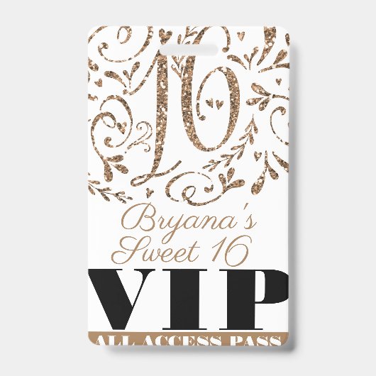 Gold Glitter Glam Sweet 16 Birthday Party VIP Pass Badge (Front)