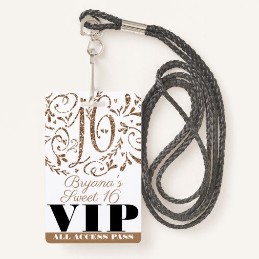Gold Glitter Glam Sweet 16 Birthday Party VIP Pass Badge (Voorkant met draagriem)