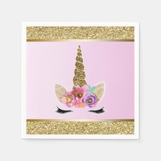 Gold Glitter Glam Unicorn Pink Birthday Party Servet (Voorkant)
