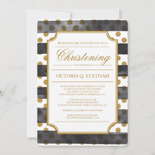 Gold Glitter Glamor Christening Invites Kaart (Voorkant)