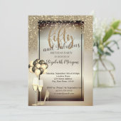 Gold Glitter Glass, Balloons 50e verjaardag Kaart (Staand voorkant)