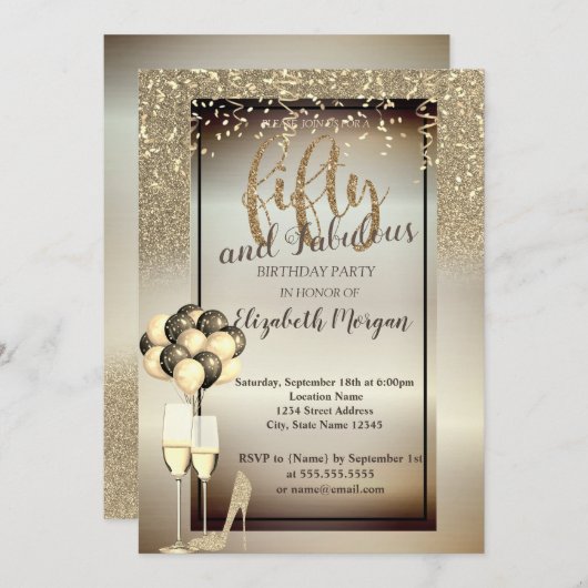 Gold Glitter Glass, Balloons 50e verjaardag Kaart (Voorkant / Achterkant)