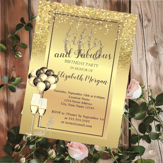 Gold Glitter Glass, Balloons 50e verjaardag Kaart