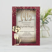 Gold Glitter Glass, Balloons Red 50th Birthday Kaart (Staand voorkant)