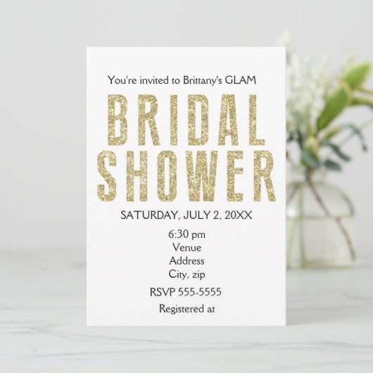Gold Glitter Glitzy Glam Bruids Douche Uitnodiging (Staand voorkant)