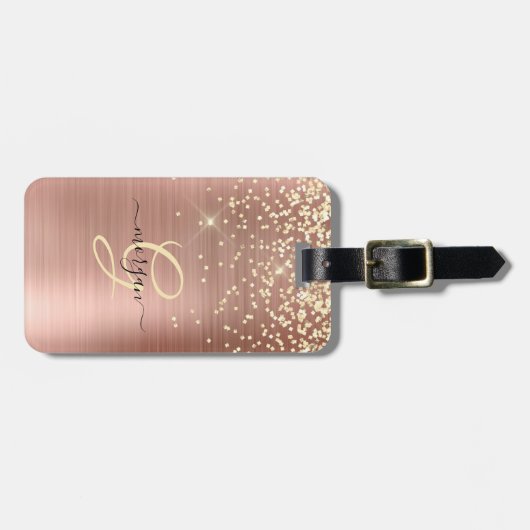 Gold Glitter, Gold Monogram, Black Script Name Bagagelabel (Voorkant horizontaal)