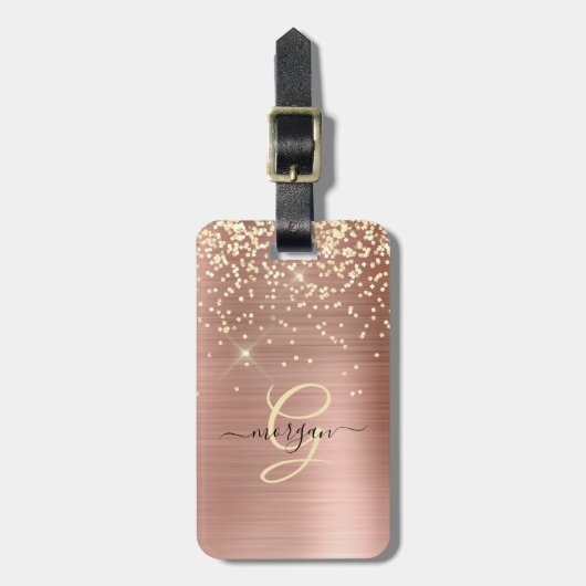 Gold Glitter, Gold Monogram, Black Script Name Bagagelabel (Voorkant verticaal)