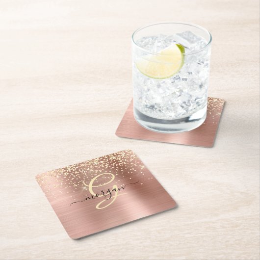 Gold Glitter, Gold Monogram, Black Script Name Kartonnen Onderzetters (Insitu)