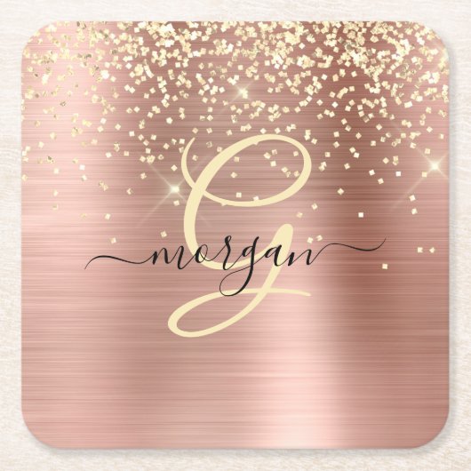 Gold Glitter, Gold Monogram, Black Script Name Kartonnen Onderzetters (Voorkant)