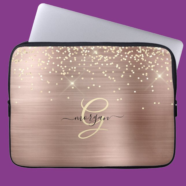 Gold Glitter, Gold Monogram, Black Script Name Laptop Sleeve (Creator heeft geüpload)