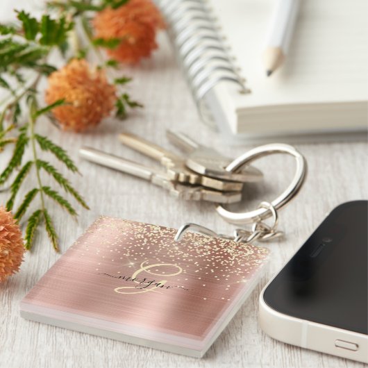 Gold Glitter, Gold Monogram, Black Script Name Sleutelhanger (Voorkant Rechts)