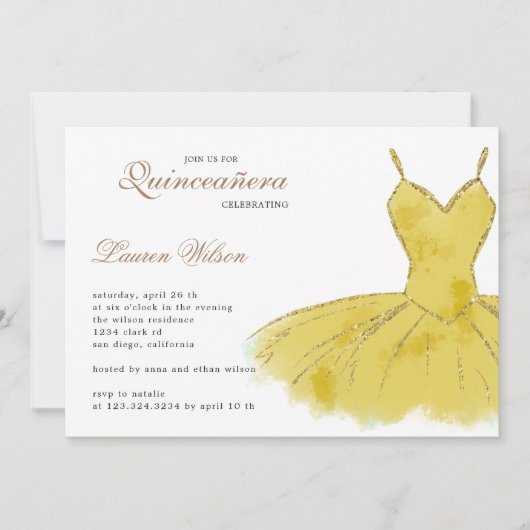 Gold Glitter Gown Quinceanera Uitnodiging (Voorkant)