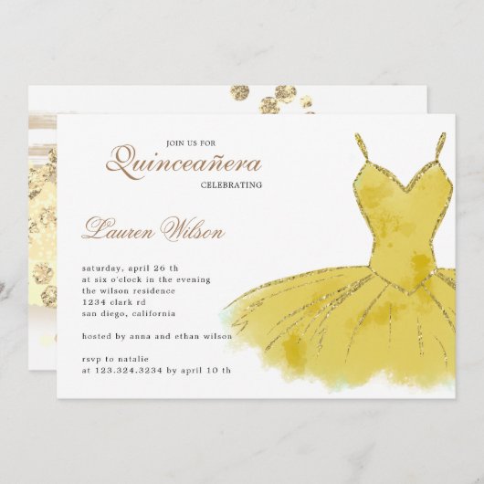 Gold Glitter Gown Quinceanera Uitnodiging (Voorkant / Achterkant)