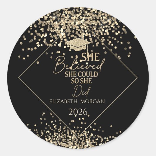 Gold Glitter Grad Cap,Confetti She Believed Ronde Sticker (Voorkant)