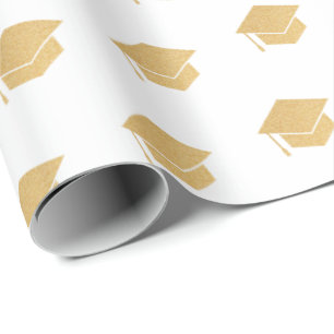 Gold Glitter Graduation Cap Patroon Wit Cadeaupapier