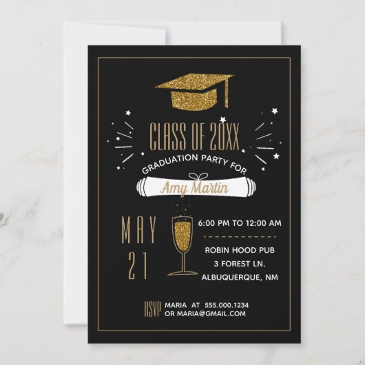 Gold Glitter Graduation Party Invitation Kaart (Voorkant)