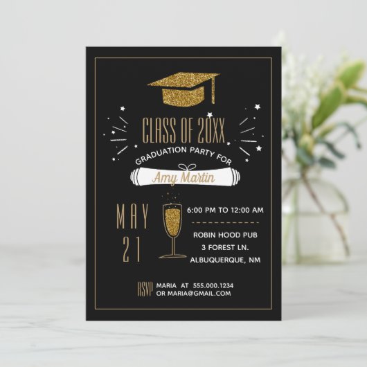 Gold Glitter Graduation Party Invitation Kaart (Staand voorkant)
