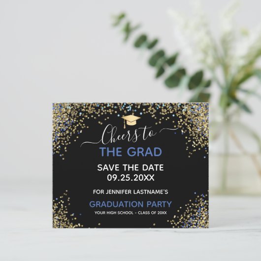 Gold Glitter Graduation Party Save the Date Invita (Staand voorkant)
