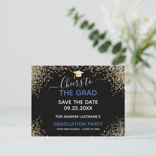 Gold Glitter Gradution Party Save the Date Briefkaart (Staand voorkant)