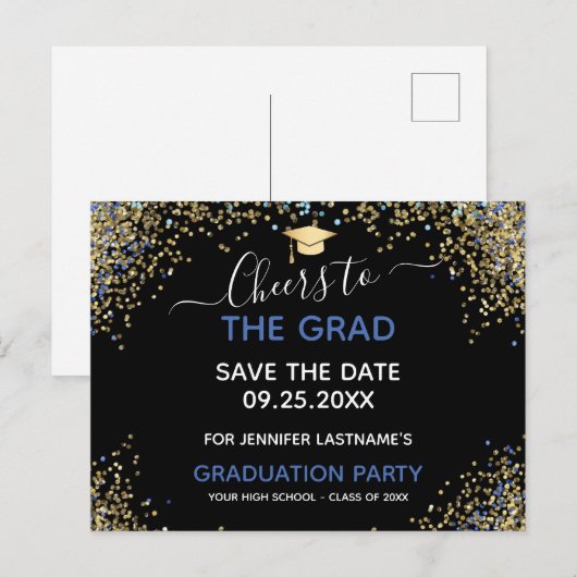 Gold Glitter Gradution Party Save the Date Briefkaart (Voorkant / Achterkant)