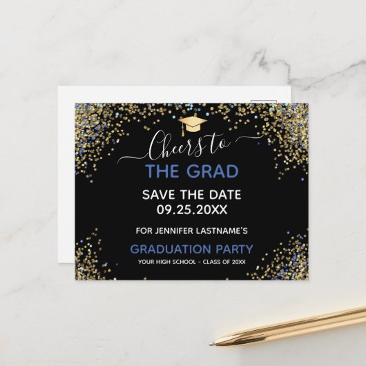 Gold Glitter Gradution Party Save the Date Briefkaart (Voorkant / Achterkant in situ)