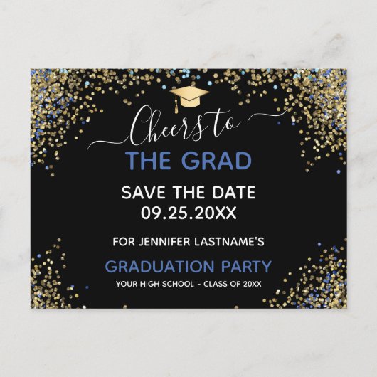 Gold Glitter Gradution Party Save the Date Briefkaart (Voorkant)