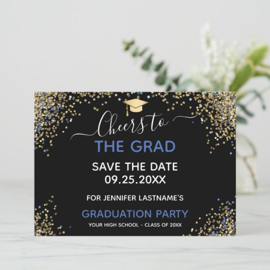 Gold Glitter Gradution Party Save the Date Kaart (Staand voorkant)