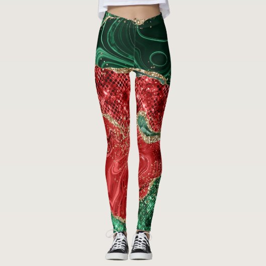 Gold Glitter Green en Red Glam-kerstpatroon Leggings (Voorkant)
