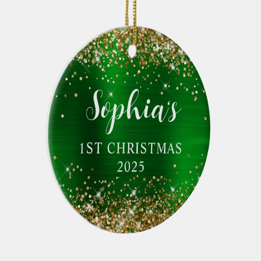 Gold Glitter Green Faux Foil 1st Christmas Photo Keramisch Ornament (Rechts)