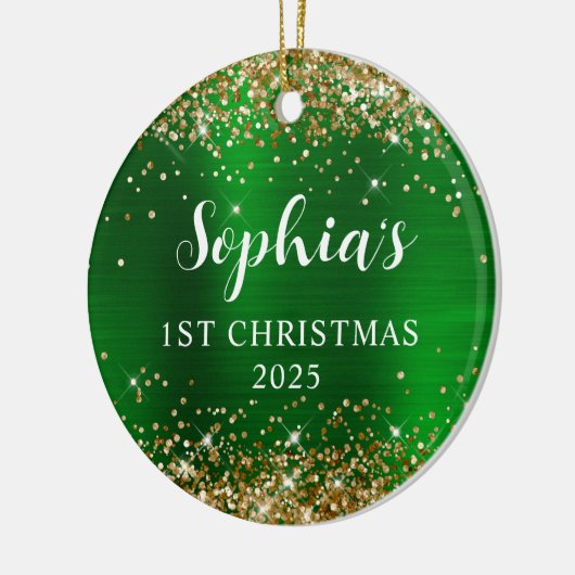 Gold Glitter Green Faux Foil 1st Christmas Photo Keramisch Ornament (Links)
