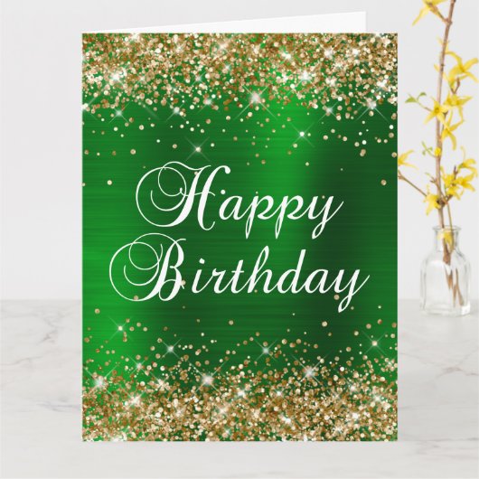 Gold Glitter Green Folie Big Happy Birthday Kaart (Gele Bloem)