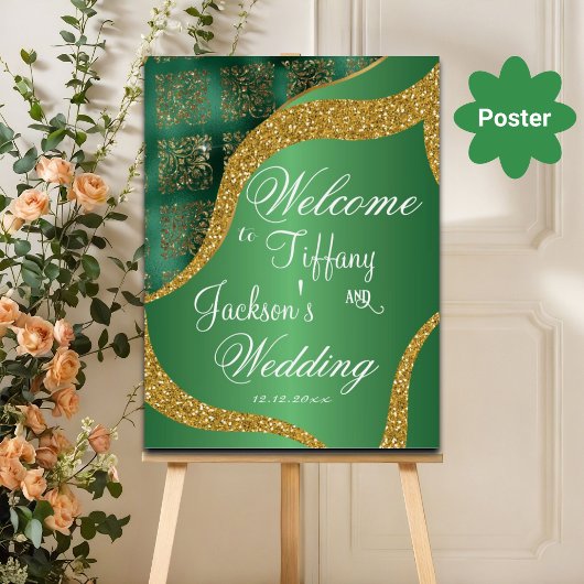 Gold Glitter Green Metallic Wedding Welkom Poster