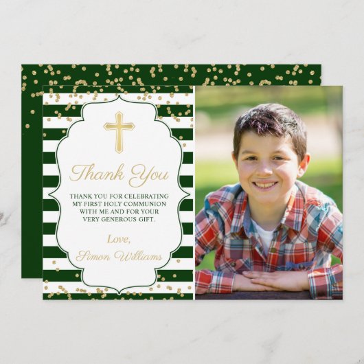 Gold Glitter Green Striped First Community Foto Bedankkaart (Voorkant / Achterkant)