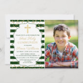 Gold Glitter Green Striped First Community Foto Kaart (Voorkant)