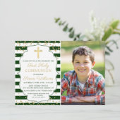 Gold Glitter Green Striped First Community Foto Kaart (Staand voorkant)