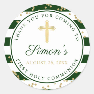 Gold Glitter Green Striped First Heilige Communie Ronde Sticker