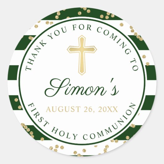 Gold Glitter Green Striped First Heilige Communie Ronde Sticker (Voorkant)