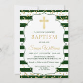 Gold Glitter Green Stripes Boy Baptism Uitnodiging (Voorkant)